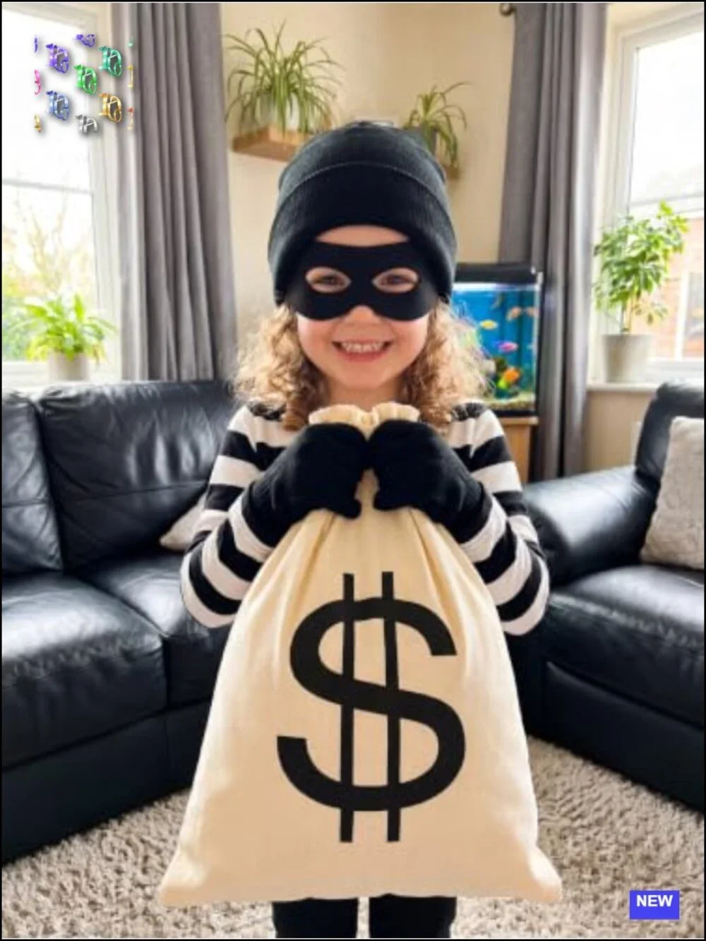 Kids Robber Costume Halloween Striped Tee with Bag Gloves Eye Patch Mask